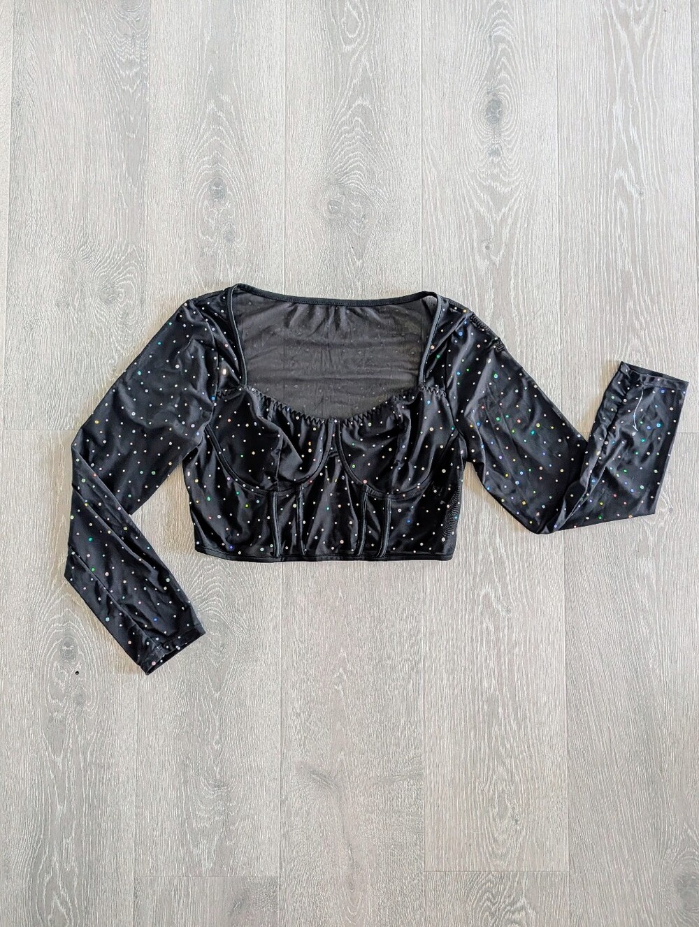 Black Mesh Sequin Corset Long Sleeve Crop Top